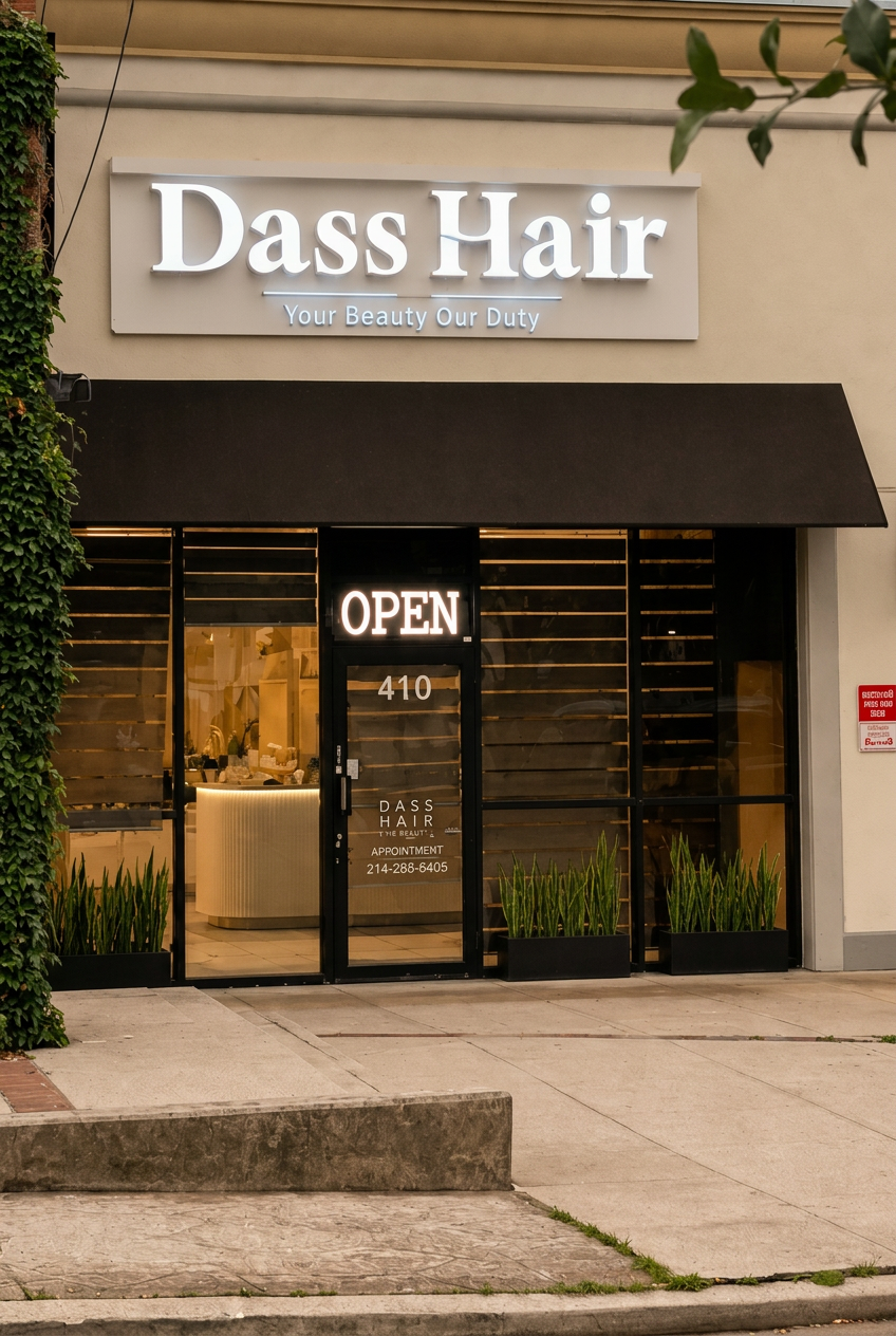 Dass Hair Salon storefront sign at Suite 410, 2625 Old Denton Rd, Carrollton TX