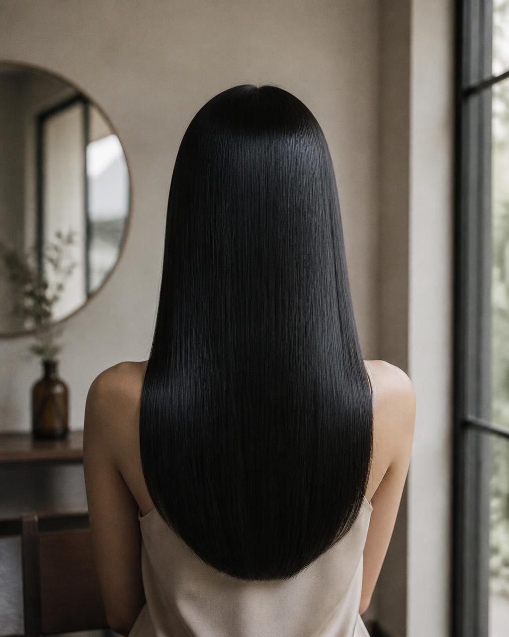 Sleek, glossy straight hair after Japanese permanent straightening at Dass Hair Salon in Carrollton, Texas